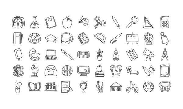Paquete de cincuenta artículos escolares iconos de estilo de línea — Archivo Imágenes Vectoriales