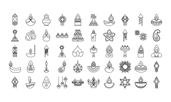 Bündel von fünfzig Diwali Set Line Stil-Symbolen — Stockvektor