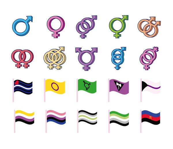 Bundel van geslacht symbolen van seksuele geaardheid en vlaggen multy stijl pictogrammen — Stockvector