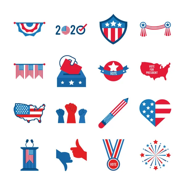 Bundle of sixteen usa elections set collection icons — Stock Vector