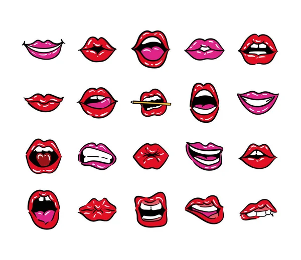 Paquete de veinte bocas pop art línea y estilo de relleno — Vector de stock