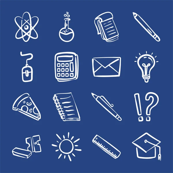 Paquet de seize fournitures de retour à l'école en fond bleu — Image vectorielle