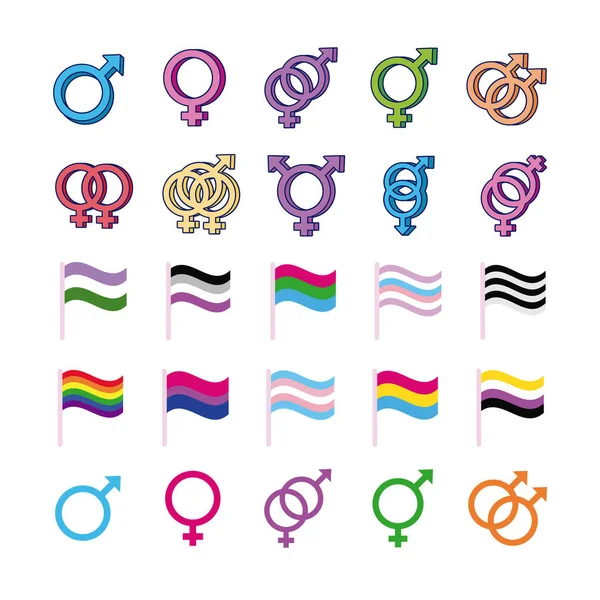 Pacote de gêneros símbolos de orientação sexual e bandeiras ícones estilo multy — Vetor de Stock