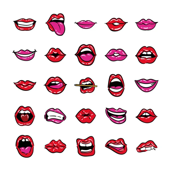 Paquete de veinticinco bocas pop art línea y estilo de relleno — Archivo Imágenes Vectoriales
