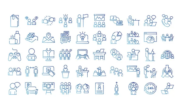 Paquete de cincuenta iconos de estilo gradiente conjunto de coworking — Vector de stock