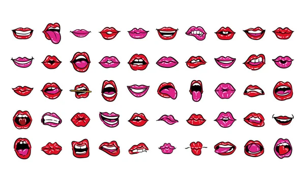 Bundle of fifty mouths pop art line and fill style icons — Stock Vector