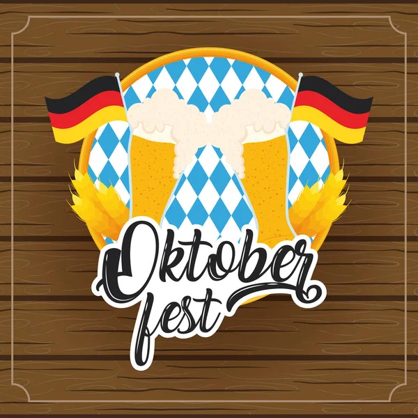 Oktoberfest party belettering in poster met bierglazen en duitse vlaggen houten achtergrond — Stockvector