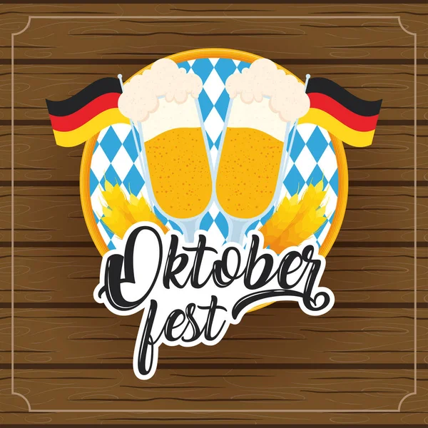 Oktoberfest partido lettering em cartaz com copos de cerveja e bandeiras alemanha fundo de madeira —  Vetores de Stock