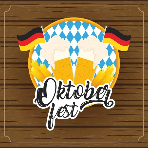 Oktoberfest partido lettering em cartaz com frascos de cervejas e bandeiras alemanha fundo de madeira —  Vetores de Stock