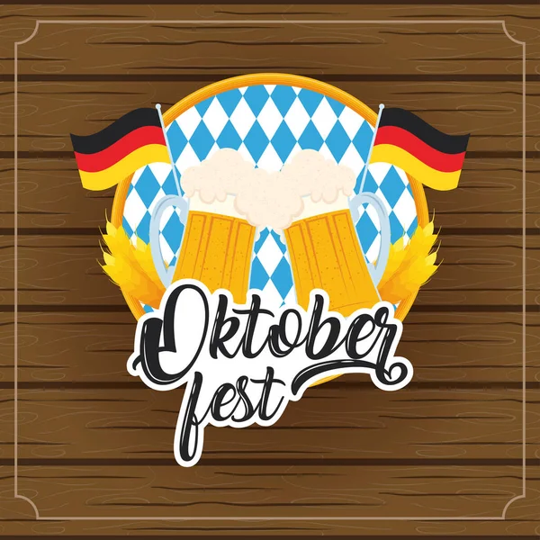 Oktoberfest party betterezés poszterben sörös üvegek és német zászlók fa háttér — Stock Vector