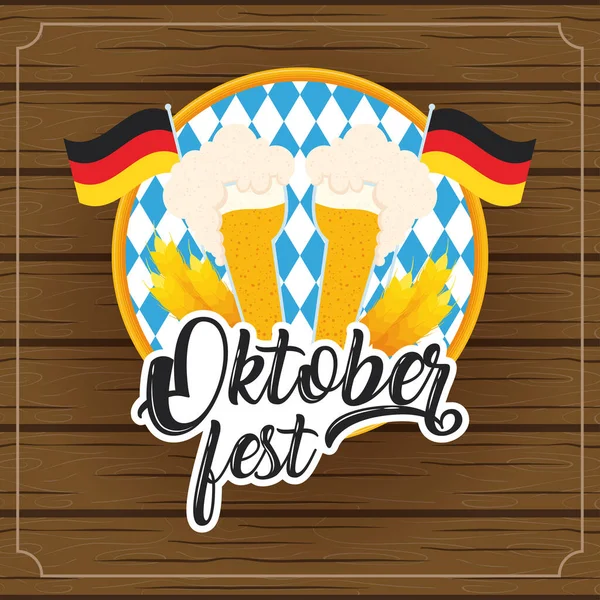 Oktoberfest partido lettering em cartaz com copos de cerveja e bandeiras alemanha fundo de madeira —  Vetores de Stock