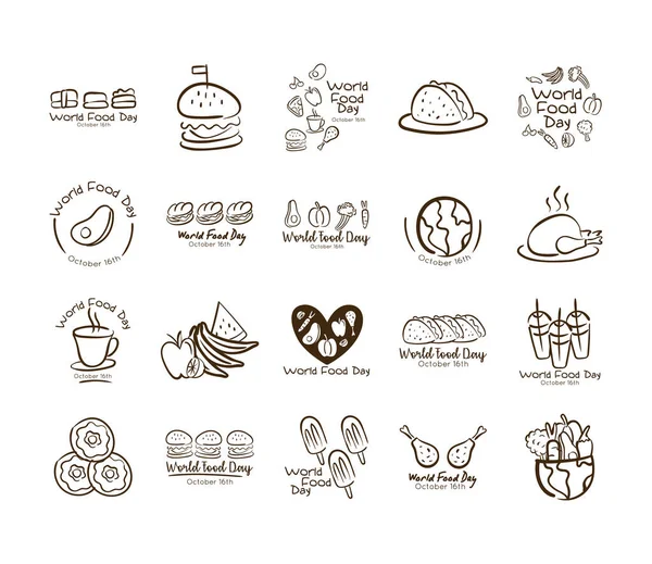 Svazek dvaceti světových potravin den oslavy nápisy line styl ikony — Stockový vektor
