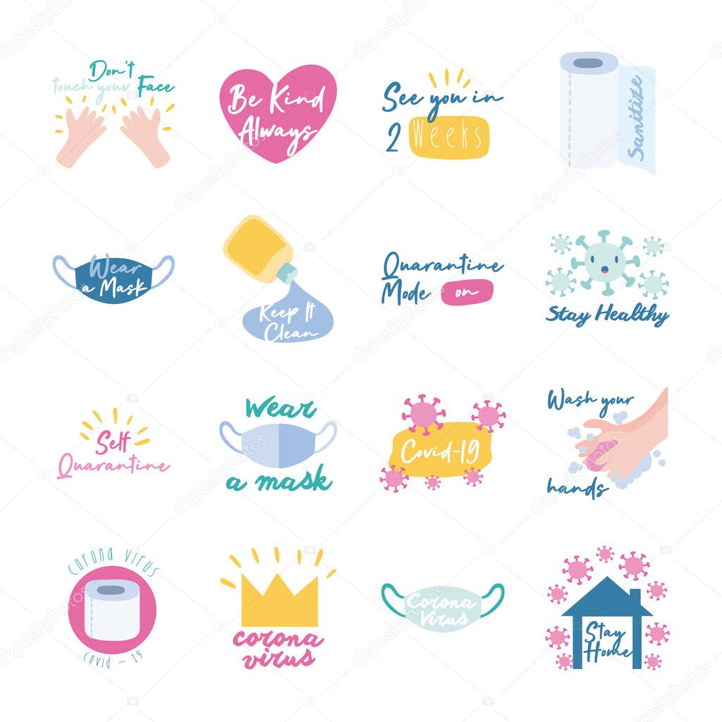 bundle of sixteen campaing letterings flat style collection icons