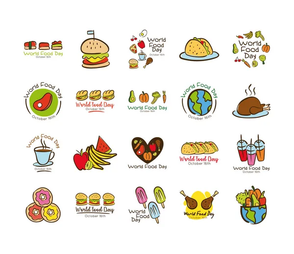 Svazek dvaceti světových potravin den oslavy nápisy plochý styl ikony — Stockový vektor