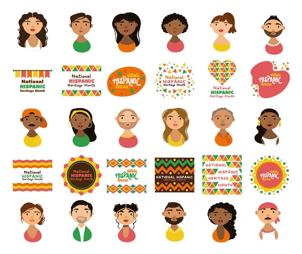 Pessoas personagens e nacional hispânico herança letras ícones de estilo plano —  Vetores de Stock