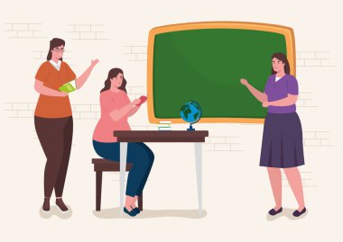 grup kadın öğretmeni eğitim malzemesi ile sınıfta.