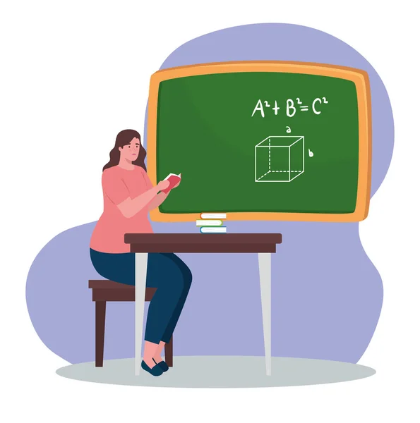 Woman teacher with chalkboard on classroom — Stock Vector