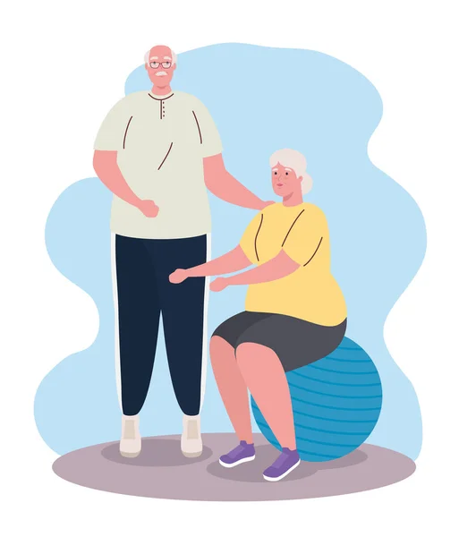 Cute old couple practicing exercise — Stock Vector