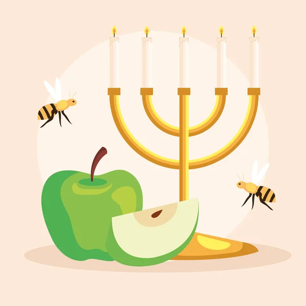 Rosch hashanah Feier, jüdisches Neujahr, mit Kronleuchter, Apfel und Bienen fliegen — Stockvektor