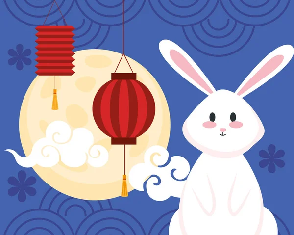 Fête chinoise de mi-automne avec lapin, lanternes suspendues, nuages et pleine lune — Image vectorielle
