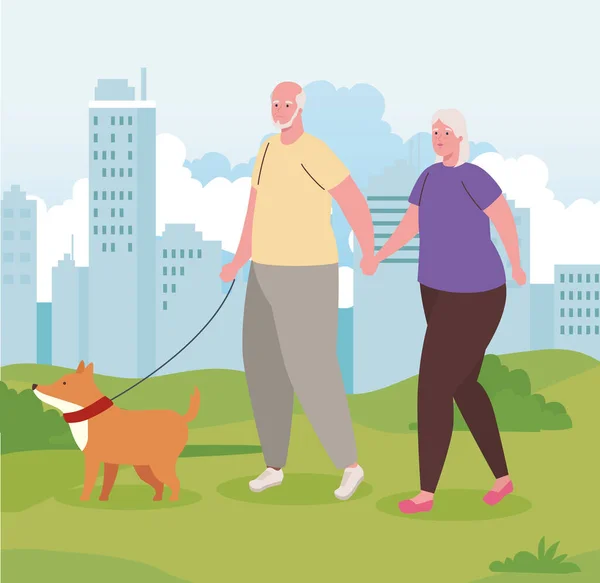 Cute old couple walking the dog outdoor — Stock Vector