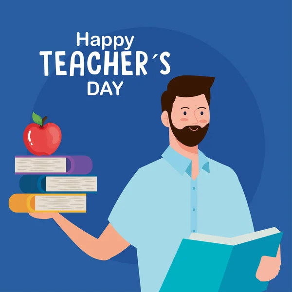 Щасливий день вчителя, вчителька чоловіка з книгами та яблуком — стоковий вектор