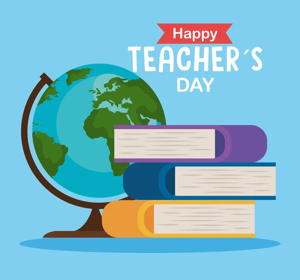 Feliz día de los maestros, con la tierra globo y los libros de pila — Vector de stock