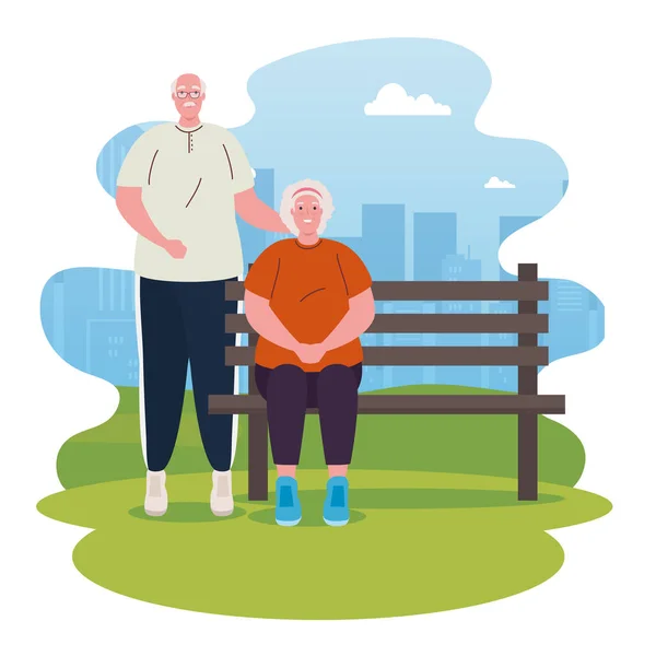 Starý pár v parku židle venkovní — Stockový vektor