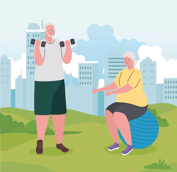 Пожилая пара делает упражнения на открытом воздухе — стоковый вектор