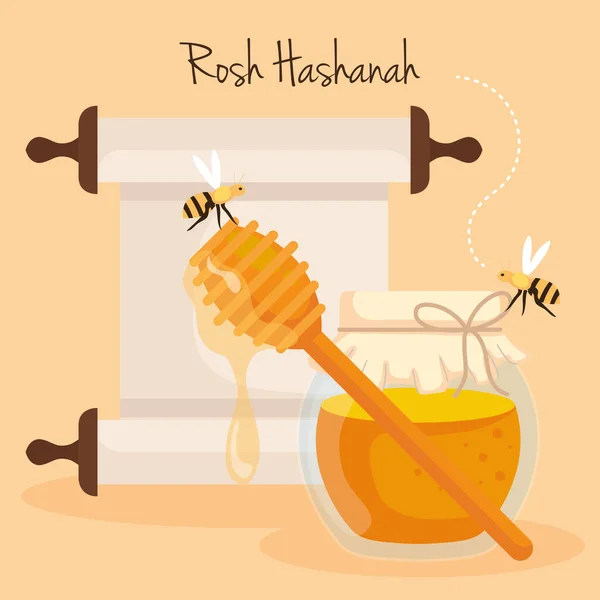 Rosh hashanah célébration, nouvel an juif, avec bouteille de miel et abeilles volant — Image vectorielle