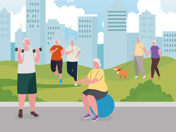 Personas mayores haciendo actividades al aire libre, practicando ejercicio y paseando con mascota de perro — Vector de stock