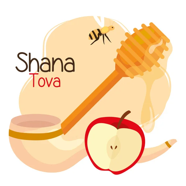 Rosh hashanah célébration, nouvel an juif, avec pomme, bâton de bois de miel et décoration — Image vectorielle