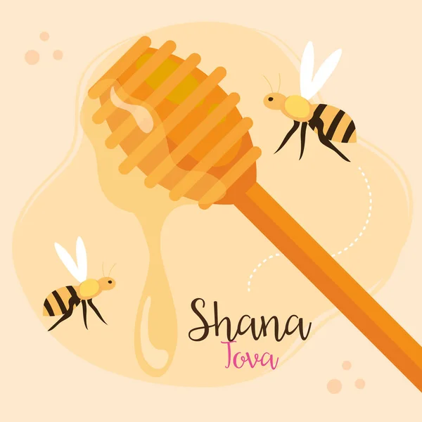 Празднование Астаны, еврейский Новый год, с деревянной палкой мёда и летающими пчёлами — стоковый вектор