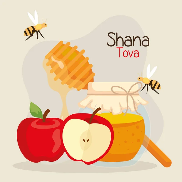 Rosh hashanah oslava, židovský nový rok, s láhví med, jablka a včely létání — Stockový vektor