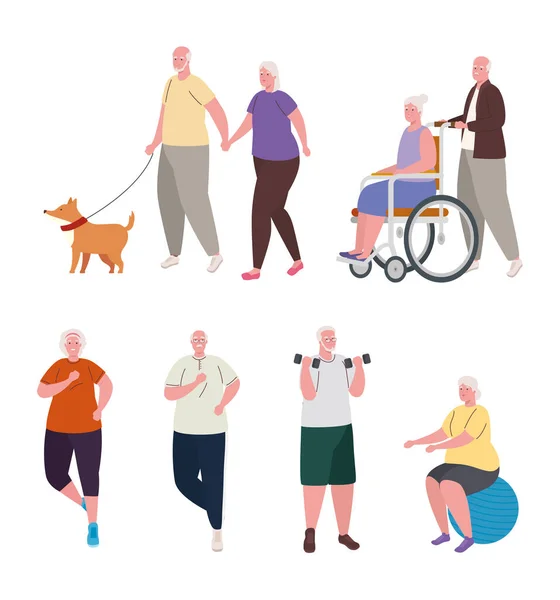 Group of old people practicing different activities — Stock Vector