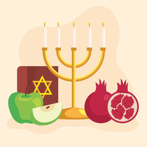 Rosh hashanah viering, joodse nieuwjaar, met kroonluchter en decoratie — Stockvector