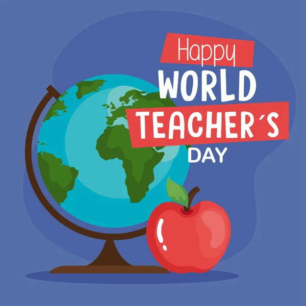 Szczęśliwy dzień nauczycieli świata, z globu ziemi i owoców jabłka — Wektor stockowy