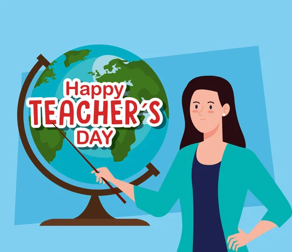 Feliz día de los maestros, y la mujer maestra con tierra globo — Vector de stock