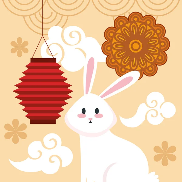 Festival chinois de mi-automne avec lapin, lanterne suspendue, gâteau de lune, fleurs et nuages — Image vectorielle