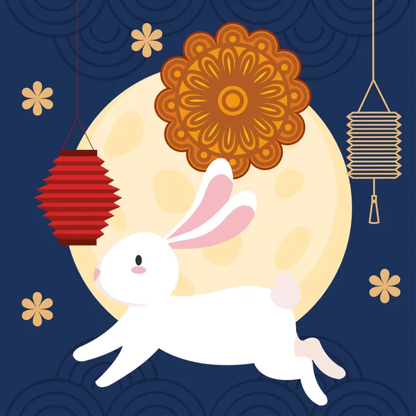 Китайський фестиваль середини осені з кроликом стрибає і прикрашає — стоковий вектор