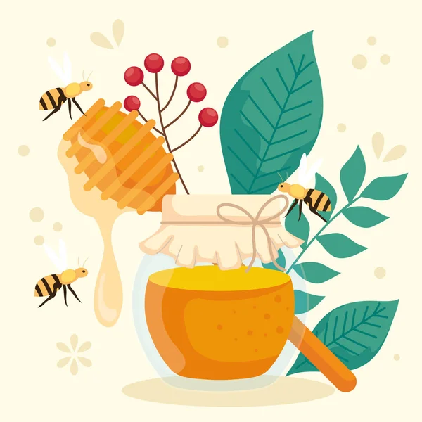 Rosh hashanah fest, jude nytt år, med flaska honung, blad och bin flyger — Stock vektor