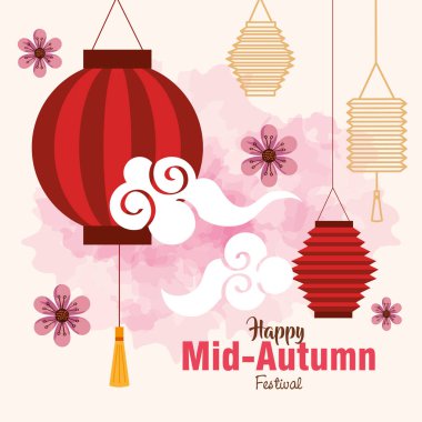 Sonbahar ortası Çin Festivali. Fenerler asılı, bulutlar ve çiçek süslemeleri var.