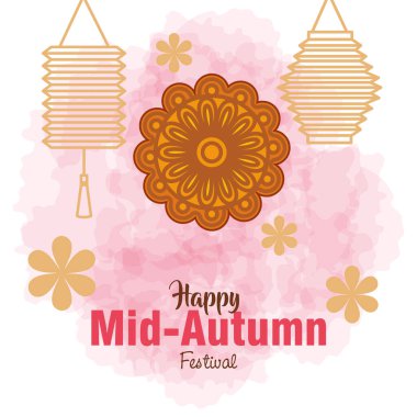 Sonbahar ortası Çin Festivali. Ay pastası, çiçekler ve fenerler asılı.