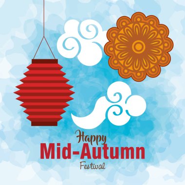 Sonbahar ortası Çin Festivali 'nde fenerler asılı, ay çöreği, bulutlar ve çiçekler