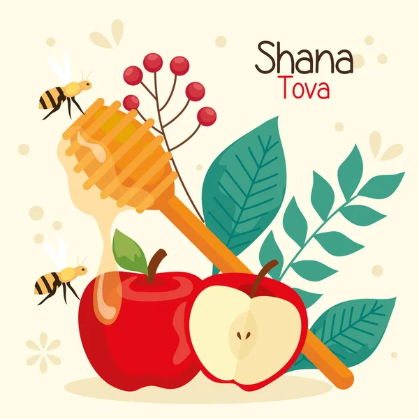 Rosh hashanah célébration, nouvel an juif, avec pommes et décoration — Image vectorielle