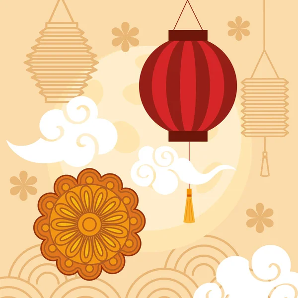 Kinesiska mitten av hösten festival med lyktor hängande, månkaka, moln och blommor — Stock vektor