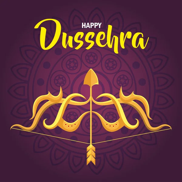 Feliz festival de dussehra y flecha dorada y arco sobre fondo púrpura — Vector de stock