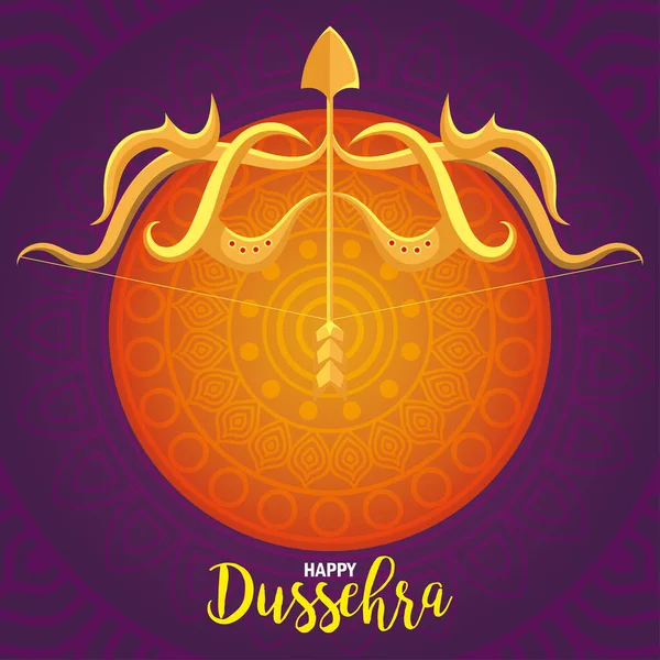 Happy dussehra festival with golden arrow in purple and orange background — Stock Vector