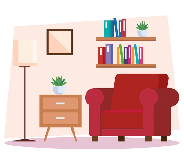 Obývací pokoj domácí místo, pohovka a dekorace interiéru domu — Stockový vektor