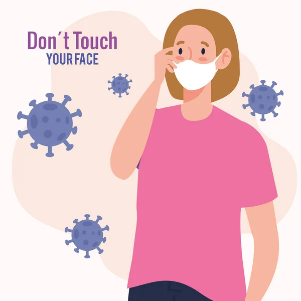 Μην αγγίζετε το πρόσωπό σας, γυναίκα φορώντας μάσκα προσώπου, αποφύγετε να αγγίξετε το πρόσωπό σας, coronavirus covid19 πρόληψη — Διανυσματικό Αρχείο